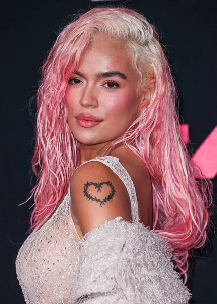 stock image Karol G wearing Jacob and Co. jewelry arrives at the 2023 MTV Video Music Awards held at the Prudential Center on September 12, 2023 in Newark, New Jersey, United States.