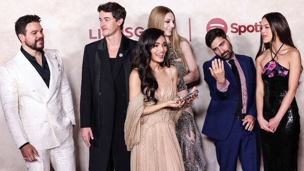 Josh Andres Rivera, Tom Blyth, Rachel Zegler, Hunter Schafer, Jason Schwartzman and Olivia Rodrigo arrive at Premiere Of Lions Gate Films' 'The Hunger Games: The Ballad Of Songbirds And Snakes' at TCL Chinese Theatre on November 13, 2023 in Hollywood
