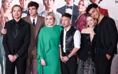 Paul Rhys, Jacob Elordi, Emerald Fennell, Barry Keoghan, Carey Mulligan and Archie Madekwe arrive at the Los Angeles Premiere Of Amazon MGM Studios' 'Saltburn' held at The Theatre at Ace Hotel on November 14, 2023 in Los Angeles, California clipart