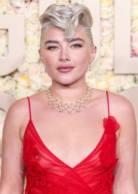 Valentino görünümlü Florence Pugh ve Tiffany ve Co. mücevherleri, 7 Ocak 2024 'te Beverly Hills, Los Angeles, Kaliforniya, ABD' de düzenlenen 81.. 