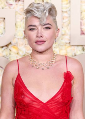 Florence Pugh wearing a Valentino look and Tiffany and Co. jewelry arrives at the 81st Annual Golden Globe Awards held at The Beverly Hilton Hotel on January 7, 2024 in Beverly Hills, Los Angeles, California, United States.  clipart