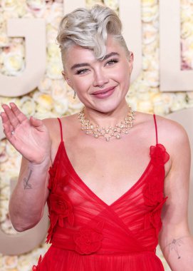 Florence Pugh wearing a Valentino look and Tiffany and Co. jewelry arrives at the 81st Annual Golden Globe Awards held at The Beverly Hilton Hotel on January 7, 2024 in Beverly Hills, Los Angeles, California, United States. clipart