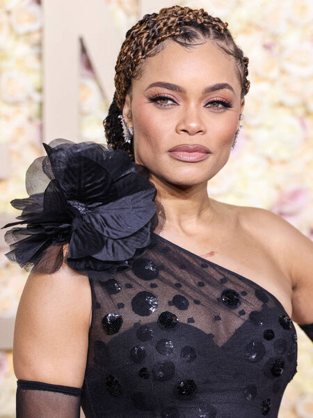 Andra Day wearing a Georges Chakra Couture gown and Fred Leighton jewelry arrives at the 81st Annual Golden Globe Awards held at The Beverly Hilton Hotel on January 7, 2024 in Beverly Hills, Los Angeles, California, United States. 