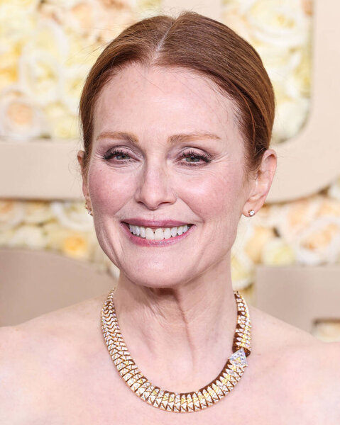 Julianne Moore wearing a Bottega Veneta dress and Cartier jewelry arrives at the 81st Annual Golden Globe Awards held at The Beverly Hilton Hotel on January 7, 2024 in Beverly Hills, Los Angeles, California, United States.