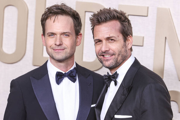 Patrick J. Adams and Gabriel Macht arrive at the 81st Annual Golden Globe Awards held at The Beverly Hilton Hotel on January 7, 2024 in Beverly Hills, Los Angeles, California, United States.