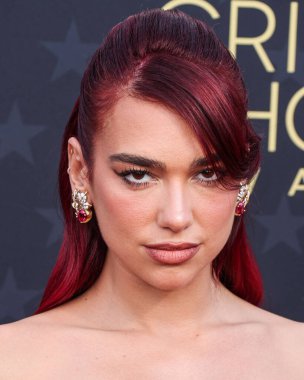 Dua Lipa, 14 Ocak 2024 'te Santa Monica, Los Angeles, Kaliforniya, ABD' de düzenlenen The Barker Hangar 'da düzenlenen 29. Geleneksel Eleştirmenler Seçimi Ödülleri' ne özel bir Prada elbisesi, Prada ayakkabıları ve çanta ile geldi..