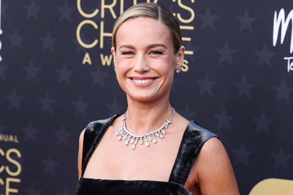Brie Larson wearing a custom Prada gown and Neil Lane Couture jewelry arrives at the 29th Annual Critics' Choice Awards held at The Barker Hangar on January 14, 2024 in Santa Monica, Los Angeles, California, United States.