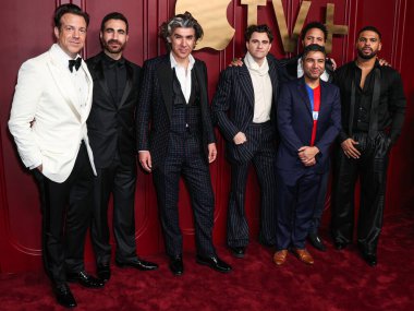 Jason Sudeikis, Brett Goldstein, James Lance, Billy Harris, Nick Mohammed, Chip Hamilton ve Kola Bokinni, 15 Ocak 2024 'te Hollywood, Los Angeles, Kaliforniya, ABD' de düzenlenen Apple TV + 'nin 75.