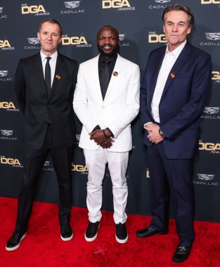 John Battsek, Moses Bwayo ve Christopher Sharp, 10 Şubat 2024 'te Beverly Hilton Oteli' nde düzenlenen 76. Geleneksel Yönetmenler Birliği (DGA) Ödülleri 'ne geldiler.. 