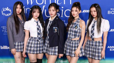 Hyein, Hanni Pham, Minji, Danielle Marsh and Haerin of South Korean girl group NewJeans arrive at the 2024 Billboard Women In Music held at the YouTube Theater at SoFi Stadium on March 6, 2024 in Inglewood, Los Angeles, California, United States. clipart