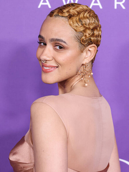 Nathalie Emmanuel wearing Alberta Ferretti arrives at the 55th Annual NAACP Image Awards held at the Shrine Auditorium and Expo Hall on March 16, 2024 in Los Angeles, California, United States.