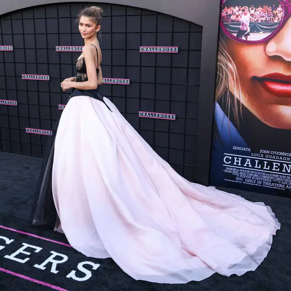 stock image LOS ANGELES, CALIFORNIA, USA - APRIL 16: American actress and singer Zendaya wearing a custom Vera Wang dress and Bulgari jewelry arrives at Premiere Of Amazon MGM Studios' 'Challengers' held at Westwood Village Theater 