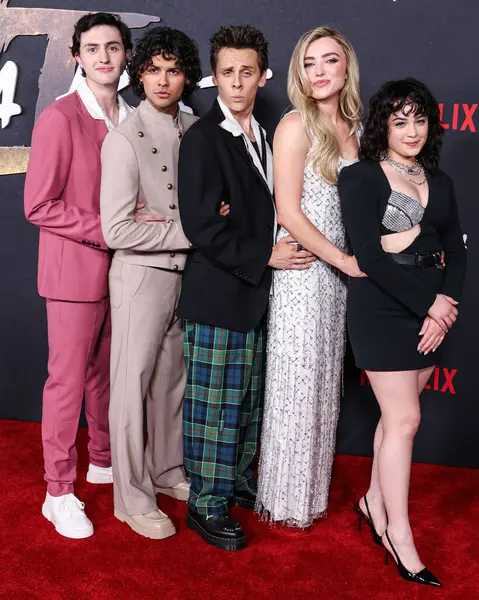 stock image Gianni DeCenzo, Xolo Mariduena, Jacob Bertrand, Peyton List, Mary Mouser arrive at Los Angeles Special Screening Of Netflix's 'Cobra Kai' Season 6, Part 1 held at Autry Museum at Griffith Park on July 17, 2024 in Los Angeles, California, USA.