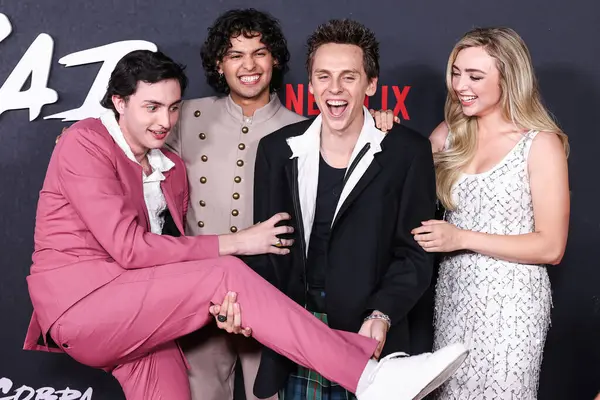 stock image Gianni DeCenzo, Xolo Mariduena, Jacob Bertrand, Peyton List arrive at Los Angeles Special Screening Of Netflix's 'Cobra Kai' Season 6, Part 1 held at Autry Museum of American West at Griffith Park on July 17, 2024 in Los Angeles, California, USA.