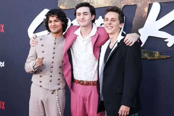 stock image Xolo Mariduena, Gianni DeCenzo and Jacob Bertrand arrive at the Los Angeles Special Screening Of Netflix's 'Cobra Kai' Season 6 - Part 1 held at the Autry Museum of the American West at Griffith Park on July 17, 2024 in Los Angeles, California, USA.