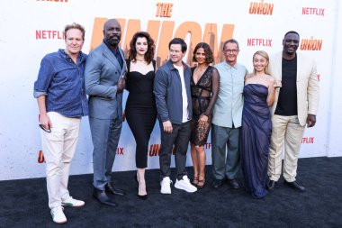 Patch Darragh, Jennifer Madeloff, Mike Colter, Stephen Levinson, Jessica De Gouw, Mark Wahlberg, Halle Berry, Julian Farino, Alice Lee, Adewale Akinnuoye-Agbaje, Dan Lin and Jeff G. Waxman arrive at the Los Angeles Premiere Of Netflix's 'The Union'  clipart