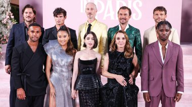 Lucas Bravo, Lucien Laviscount, Paul Forman, Ashley Park, Lily Collins, Bruno Gouery, Darren Star, William Abadie, Philippine Leroy-Beaulieu, Arnaud Binard and Samuel Arnold arrive at the Los Angeles Premiere Of Netflix's 'Emily In Paris' Season 4  clipart