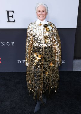 Glenn Close wearing an Oscar De La Renta outfit, Gianvito Rossi shoes, and Handsome Stockholm gloves arrives at the Los Angeles Premiere Of Netflix's 'The Deliverance' held at the Netflix Tudum Theater on August 28, 2024 in Hollywood, Los Angeles clipart