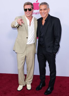 Brad Pitt and George Clooney arrive at the Los Angeles Premiere Of Apple TV+'s 'Wolfs' held at the TCL Chinese Theatre IMAX on September 18, 2024 in Hollywood, Los Angeles, California, United States.  clipart