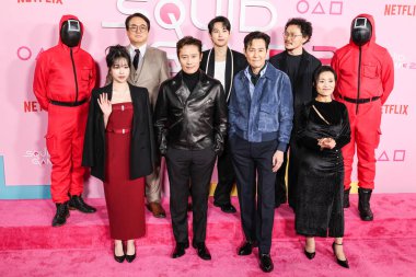 Jo Yu-ri, Lee Seo-hwan, Lee Byung-hun, Yim Si-wan, Lee Jung-jae, Yang Dong-geun and Kang Ae-shim arrive at the Los Angeles Premiere And Fan Event For Netflix's 'Squid Game' Season 2 held at the Los Angeles City College on December 12, 2024 in LA, CA clipart