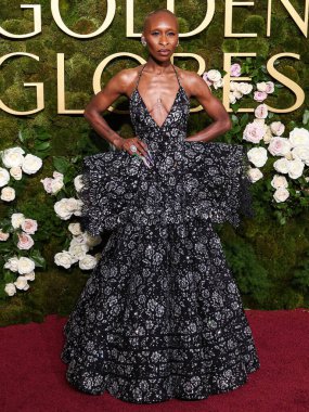 Cynthia Erivo wearing custom Louis Vuitton with FoundRae earrings arrives at the 82nd Annual Golden Globe Awards held at The Beverly Hilton Hotel on January 5, 2025 in Beverly Hills, Los Angeles, California, United States.  clipart