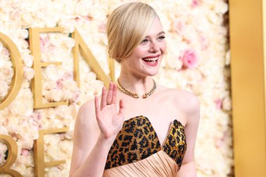 Elle Fanning wearing custom Balmain arrives at the 82nd Annual Golden Globe Awards held at The Beverly Hilton Hotel on January 5, 2025 in Beverly Hills, Los Angeles, California, United States. clipart