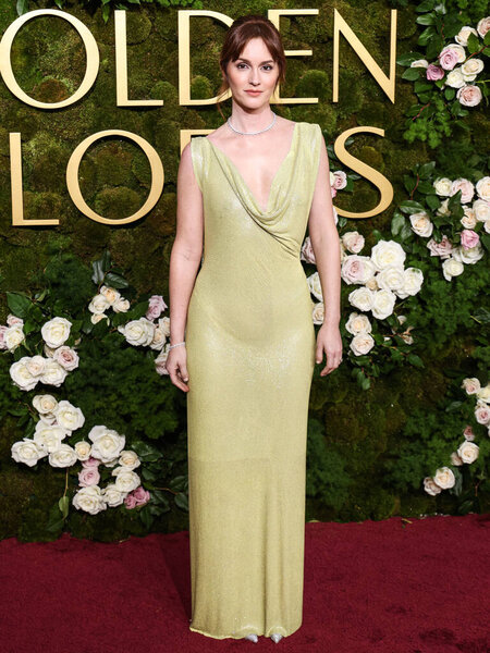 Leighton Meester wearing Versace arrives at the 82nd Annual Golden Globe Awards held at The Beverly Hilton Hotel on January 5, 2025 in Beverly Hills, Los Angeles, California, United States.