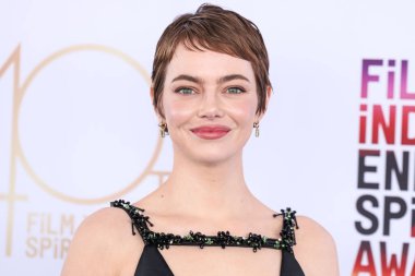 Emma Stone, Emilia Wickstead elbisesi, Louis Vuitton debriyajı, Alevi Milano ayakkabısı ve Irene Neuwirth mücevheri ile 22 Şubat 2025 'te Santa Monica Plajı' nda düzenlenen 40.