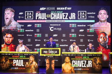 Jake 'El Gallo de Dorado' Paul, Chris Mannix, Julio Cesar Chavez Jr. ve Julio Cesar Chavez 14 Mayıs 2025 tarihinde Hollywood, Los Angeles, Kaliforniya, ABD 'de düzenlenen Jake Paul - Julio Cesar Chavez Jr. Basın Konferansına katıldılar.