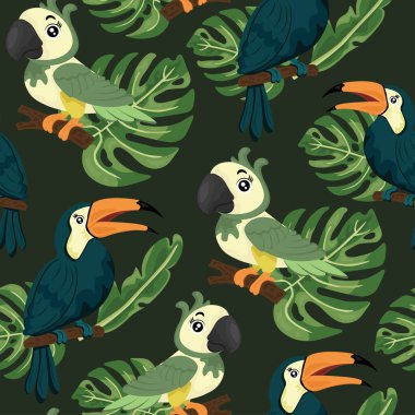 Papağanlar kusursuz desenli. Vektör clipart, izole edilmiş arkaplan ile illüstrasyon.