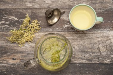 Hemen yukarıdan çekilmiş cam çaydanlık da dahil olmak üzere mürver çiçeği çay malzemelerinin yer aldığı durgun bir yaşam kompozisyonu. Bu rahatlatıcı görüntü, izleyicileri bitkisel çayın zevklerini tatmaya davet ediyor..