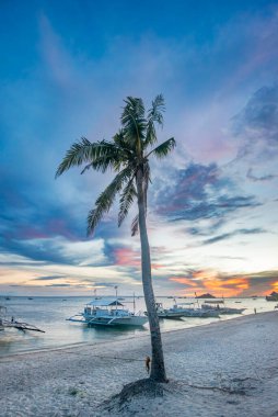 Filipinler 'in Malapascua sahillerinde sakin bir akşam. Dalgıç tekneleri palmiye püsküllü kıyılarda, canlı bir günbatımı gökyüzünün altında dinleniyor.