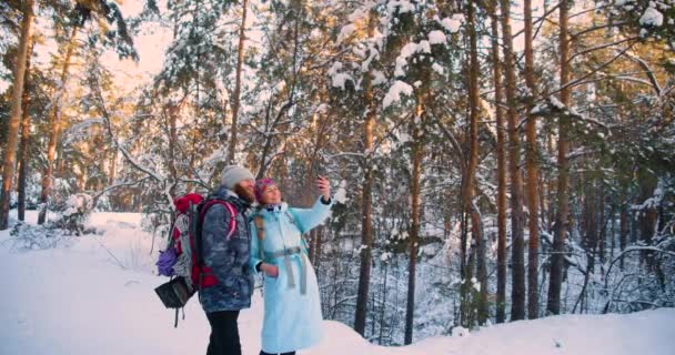 Kış Yürüyüşü Orta Yaşlı Bir Çiftin Karla Kaplı Bir Ormanda — Stok video