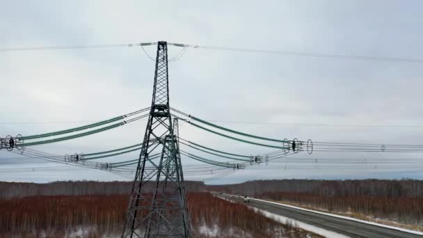 Luftaufnahmen Von Hochspannungsmasten Stromleitung — Stockvideo