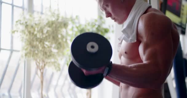 Atleta Treme Músculos Dos Braços Com Haltere Bombeado Para Cima — Vídeo de Stock