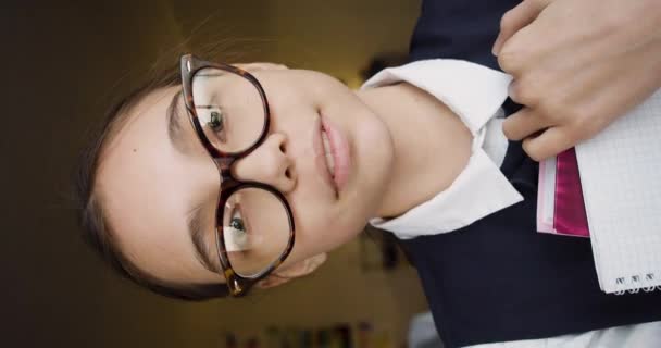 Smiley Years Old Eyeglasses Looking Camera Vertical Footage — Stock Video