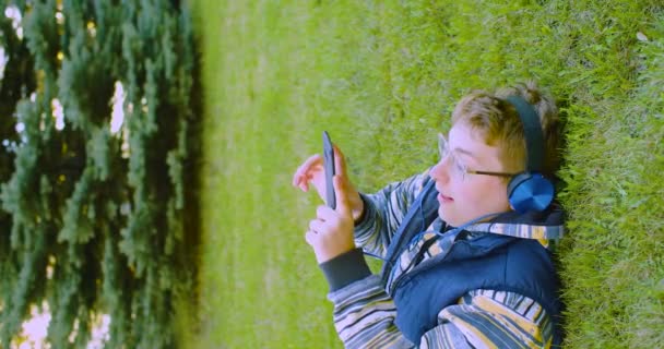 Adolescente Trova Sul Prato Gioca Uno Smartphone Messaggistica Online Filmati — Video Stock