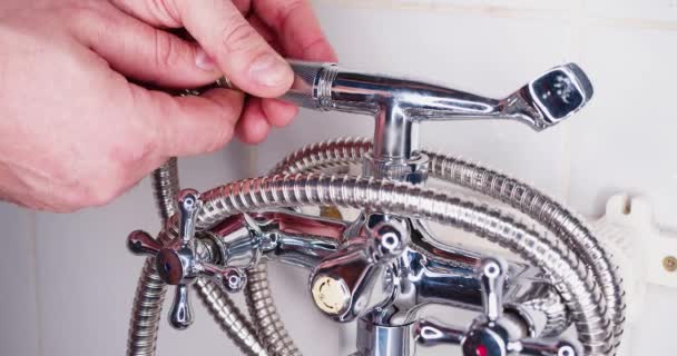 Repairman Screwing Shower Hose Faucet Hands Plumber Close Slow Motion — Stock Video