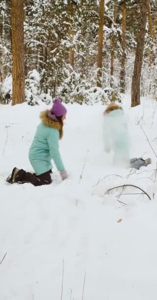2人の若い女性が雪の森で楽しんでいます 彼らは雪を投げ 冬の休暇中に楽しんでいます スローモーション垂直4K映像 — ストック動画