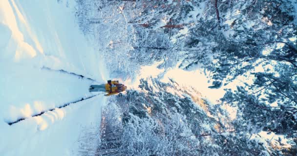 Touristinnen Gehen Entlang Einer Schneebedeckten Eisenbahn Auf Die Kamera Winterwanderung — Stockvideo