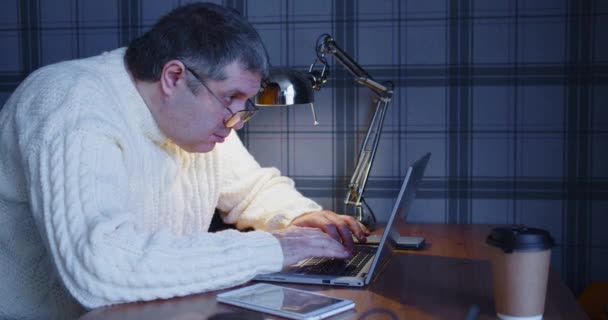 Concept Overwork Burnout Deadline Mature Man Works Front Computer Monitor — Stock Video