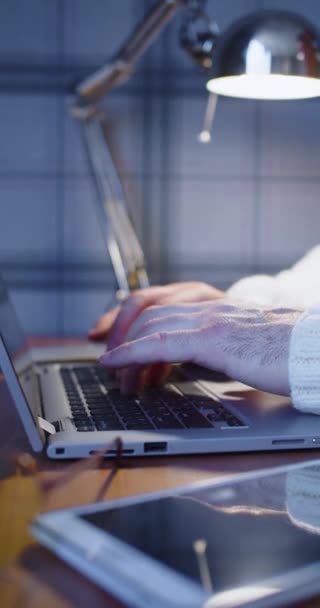 在工作台台灯前的笔记本电脑监视器前 一个男性手部的垂直视频 特写4K段 — 图库视频影像