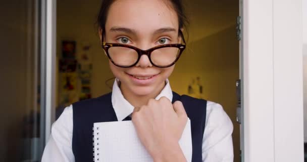 Smiley Years Old Schoolgirl Adjusts Her Eyeglasses Looking Camera Footage — Stock Video