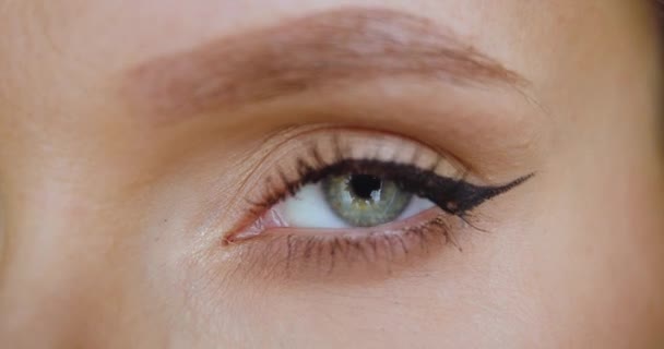 Close Female Eye Opens Looks Camera Evening Make Retinal Identification — Video Stock
