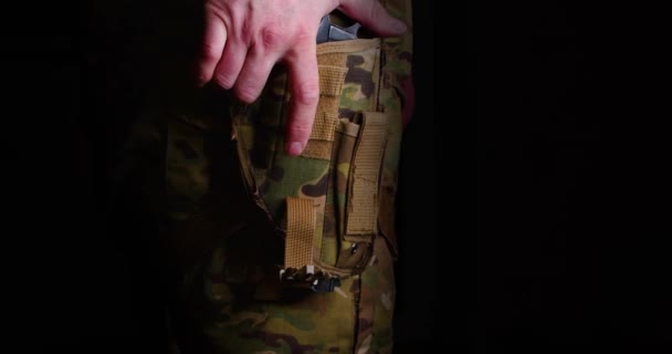 Slow Motion Footage Military Man Pulls Pistol Holster Dark Removes — Video Stock