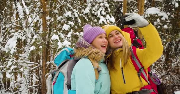 妈妈和女儿在冬季雪地的森林里徒步旅行时打了一个视频电话 慢动作4K镜头 — 图库视频影像