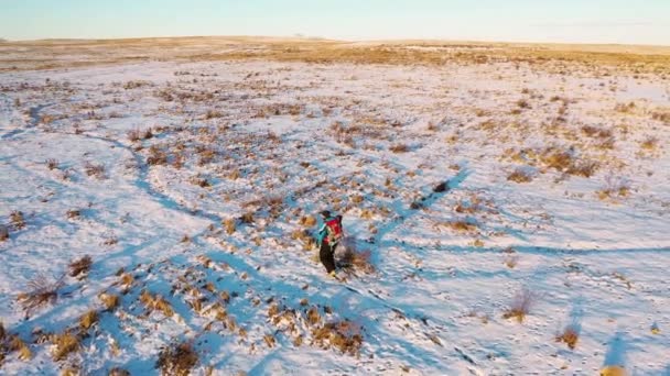 雪の砂漠を歩く孤独な人間の空中ビュー 極端な観光や極端な寒さの中での生存の概念 Fhdスローモーションビデオ — ストック動画