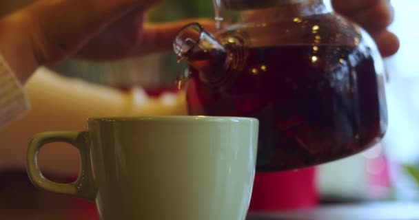 Close Slow Motion Video Female Hands Pouring Fragrant Fruit Tea — Stock video