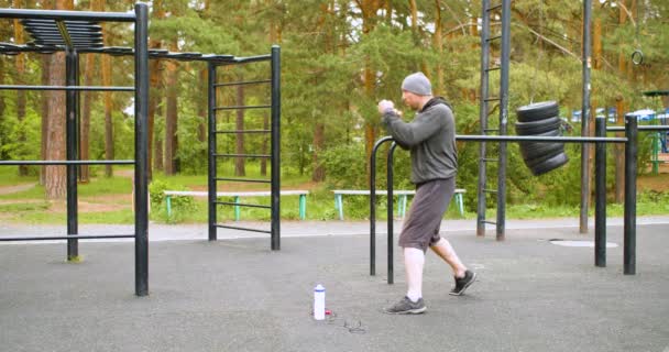 Middle Aged Man Outdoor Workout Shadow Boxing Exercise Full Length — Vídeo de Stock
