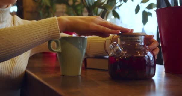 Close Video Female Hands Pouring Fragrant Fruit Tea Mug Slow — Video